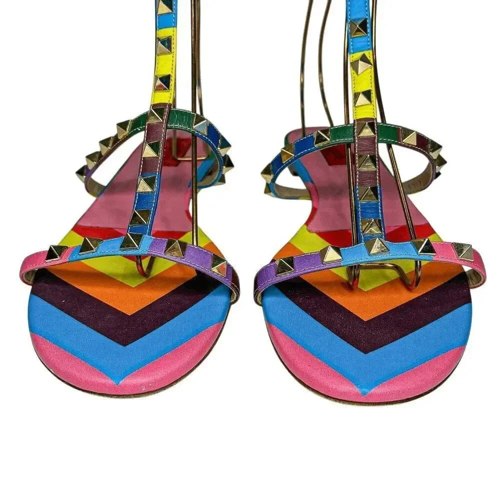 Valentino Multicolor Rockstud Gladiator Rainbow Leather Flat Caged Sandals EU 40